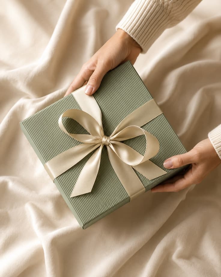 Hands holding a sage-green gift box tied with a cream satin ribbon